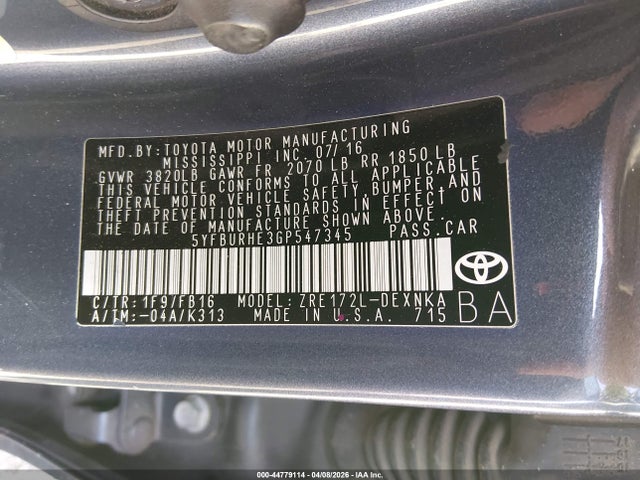 5YFBURHE3GP547345 Toyota COROLLA LE