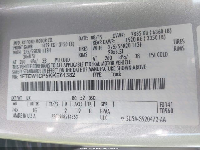 Aukcja sprzedaży 2019 Ford F-150 Xl, vin: 1FTEW1CP5KKE61382, numer aukcji: 44779137