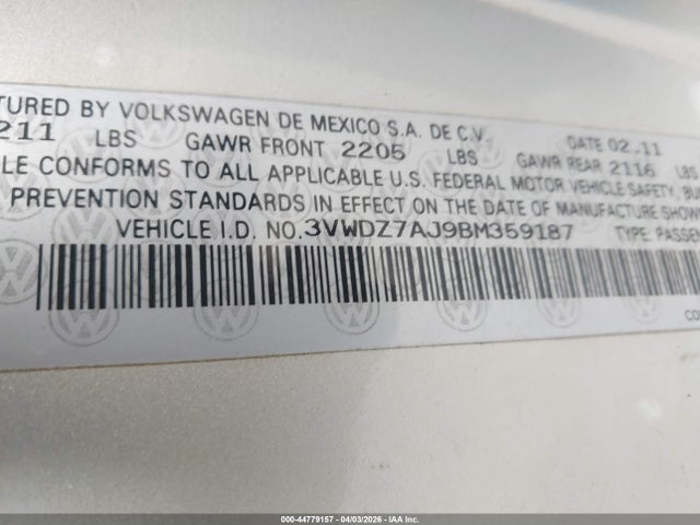 Aukcja sprzedaży 2011 Volkswagen Jetta 2.5l Se, vin: 3VWDZ7AJ9BM359187, numer aukcji: 44779157