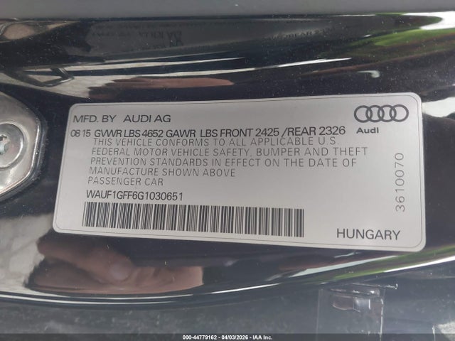 44779162 :رقم المزاد ، WAUF1GFF6G1030651 vin ، 2016 Audi S3 2.0t Premium Plus مزاد بيع
