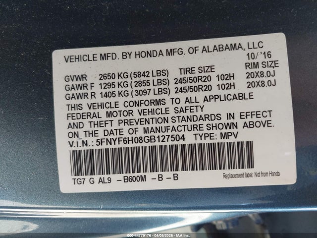 5FNYF6H08GB127504 Honda Pilot Elite