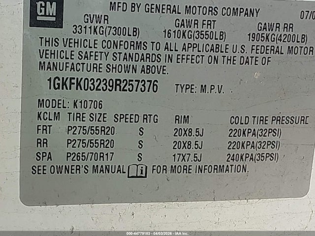 Aukcja sprzedaży 2009 Gmc Yukon Denali, vin: 1GKFK03239R257376, numer aukcji: 44779183