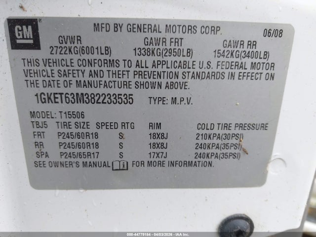 44779184 :رقم المزاد ، 1GKET63M382233535 vin ، 2008 Gmc Envoy Denali مزاد بيع