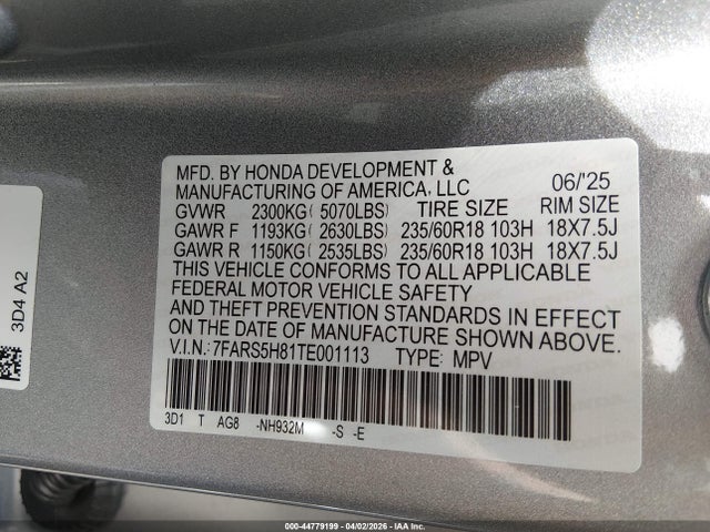 2026 Honda Cr-v Hybrid 2wd Sport-l მანქანა იყიდება აუქციონზე, vin: 7FARS5H81TE001113, აუქციონის ნომერი: 44779199