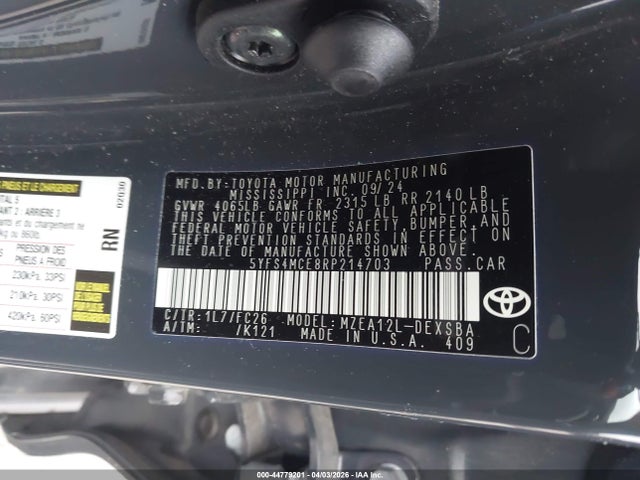 Продажа на аукционе авто 2024 Toyota Corolla Se, vin: 5YFS4MCE8RP214703, номер лота: 44779201