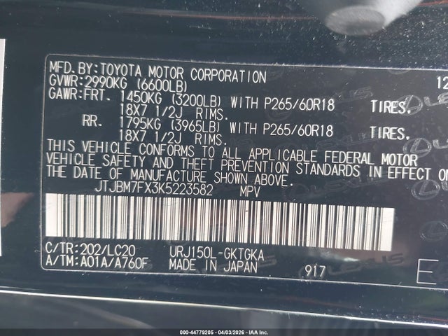 Aukcja sprzedaży 2019 Lexus Gx 460 Premium, vin: JTJBM7FX3K5223582, numer aukcji: 44779205