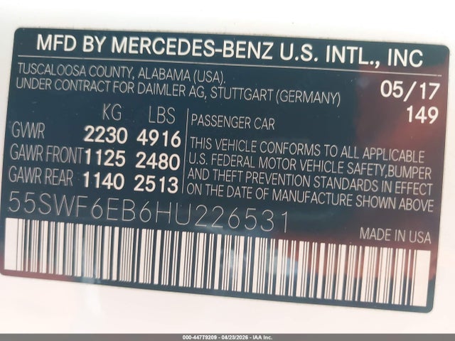 44779209 :رقم المزاد ، 55SWF6EB6HU226531 vin ، 2017 Mercedes-benz Amg C 43 4matic مزاد بيع