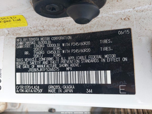 Auction sale of the 2015 Toyota 4runner Limited, vin: JTEBU5JR1F5268375, lot number: 44779218