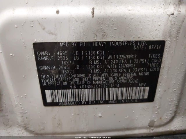 Aukcja sprzedaży 2015 Subaru Outback 2.5i Limited, vin: 4S4BSBLC4F3211614, numer aukcji: 44779227