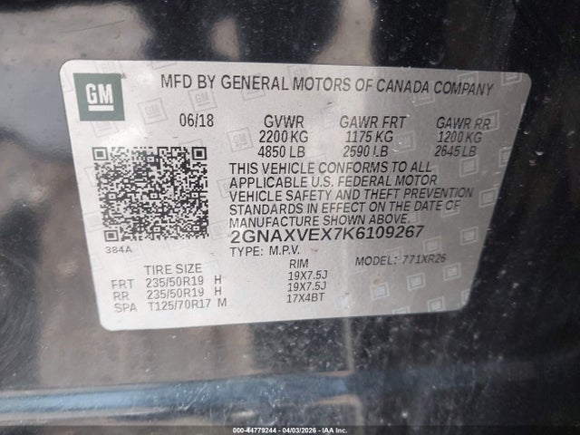 Aukcja sprzedaży 2019 Chevrolet Equinox Lt, vin: 2GNAXVEX7K6109267, numer aukcji: 44779244