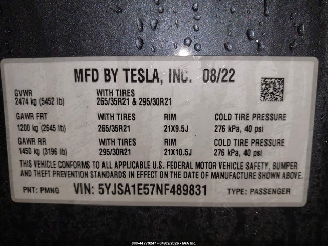 Aukcja sprzedaży 2022 Tesla Model S Dual Motor All-wheel Drive, vin: 5YJSA1E57NF489831, numer aukcji: 44779247