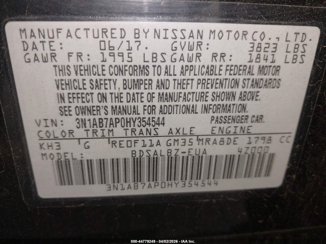2017 Nissan Sentra S მანქანა იყიდება აუქციონზე, vin: 3N1AB7AP0HY354544, აუქციონის ნომერი: 44779249