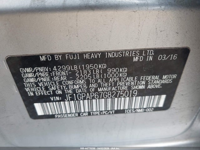44779258 :رقم المزاد ، JF1GPAP67G8275019 vin ، 2016 Subaru Impreza 2.0i Sport Premium مزاد بيع