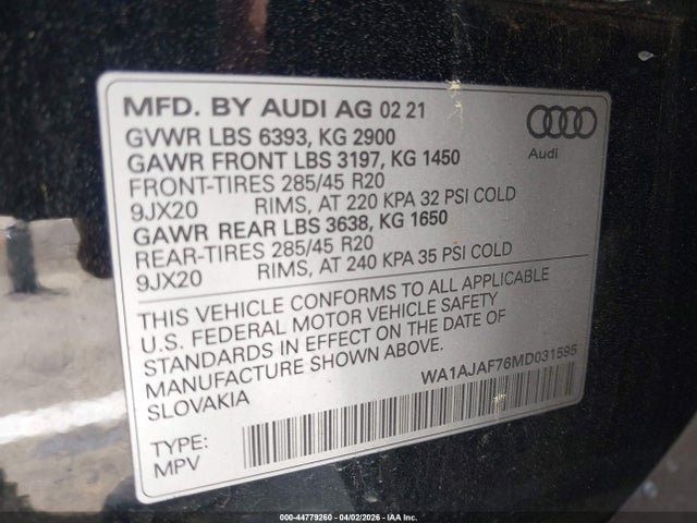 Aukcja sprzedaży 2021 Audi Q7 Premium 45 Tfsi Quattro Tiptronic, vin: WA1AJAF76MD031595, numer aukcji: 44779260
