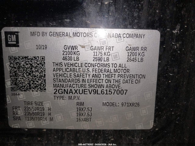 Продажа на аукционе авто 2020 Chevrolet Equinox Awd Lt 1.5l Turbo, vin: 2GNAXUEV9L6157007, номер лота: 44779282