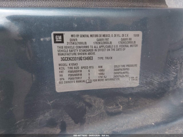 2009 Chevrolet Silverado 1500 Lt მანქანა იყიდება აუქციონზე, vin: 3GCEK23319G134963, აუქციონის ნომერი: 44779283