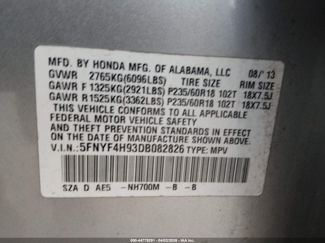 Aukcja sprzedaży 2013 Honda Pilot Touring, vin: 5FNYF4H93DB082826, numer aukcji: 44779291