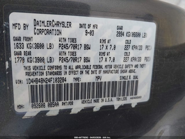 44779292 :رقم المزاد ، 1D4HB48N24F103284 vin ، 2004 Dodge Durango Slt مزاد بيع