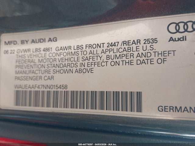 Aukcja sprzedaży 2022 Audi A4 Premium Plus 45 Tfsi S Line Quattro S Tronic, vin: WAUEAAF47NN015458, numer aukcji: 44779297