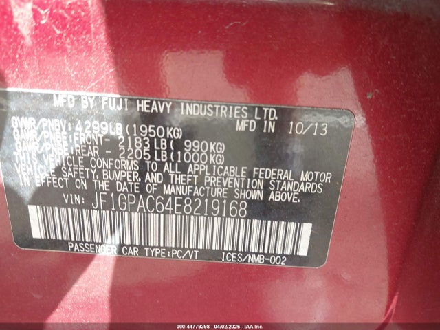 44779298 :رقم المزاد ، JF1GPAC64E8219168 vin ، 2014 Subaru Impreza 2.0i Premium مزاد بيع
