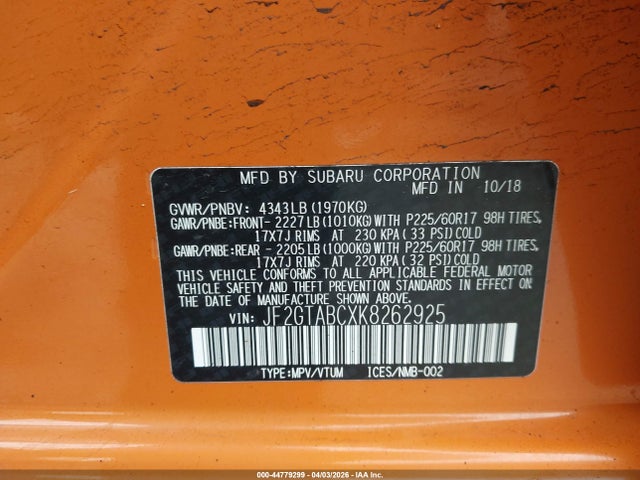 Продажа на аукционе авто 2019 Subaru Crosstrek 2.0i, vin: JF2GTABCXK8262925, номер лота: 44779299