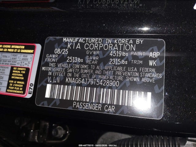 Aukcja sprzedaży 2026 Kia K5 Gt-line Awd, vin: KNAG64J79T5428900, numer aukcji: 44779315