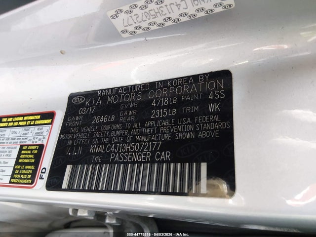 44779316 :رقم المزاد ، KNALC4J13H5072177 vin ، 2017 Kia Cadenza Technology مزاد بيع