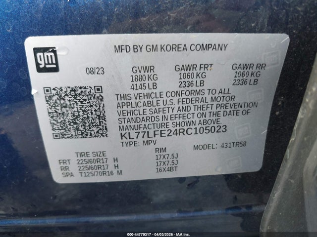 44779317 :رقم المزاد ، KL77LFE24RC105023 vin ، 2024 Chevrolet Trax Fwd Sp مزاد بيع