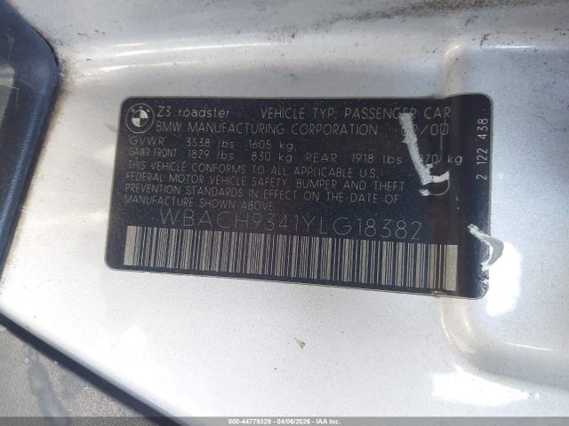 Продаж на аукціоні авто 2000 Bmw Z3 2.3, vin: WBACH9341YLG18382, номер лоту: 44779329