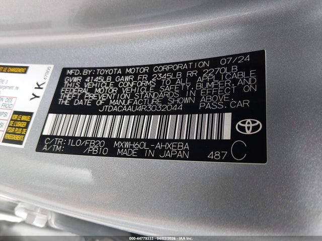 Aukcja sprzedaży 2024 Toyota Prius Le, vin: JTDACAAU4R3032044, numer aukcji: 44779333