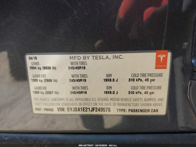 Продажа на аукционе авто 2018 Tesla Model S 100d/75d/p100d, vin: 5YJSA1E21JF249576, номер лота: 44779337