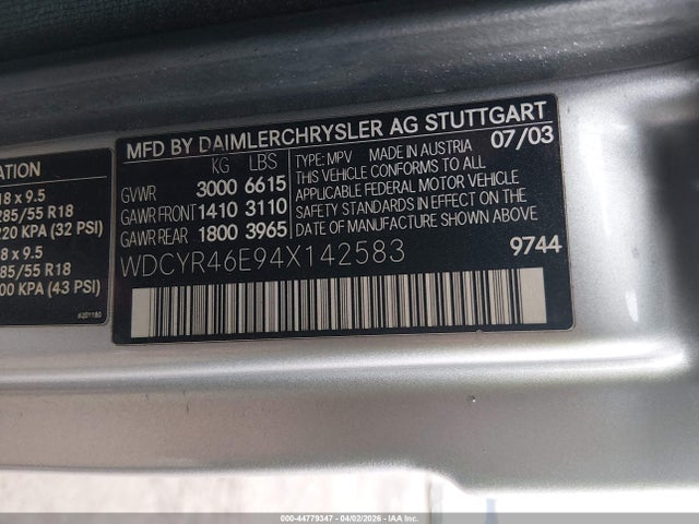 44779347 :رقم المزاد ، WDCYR46E94X142583 vin ، 2004 Mercedes-benz G 55 Amg 4matic مزاد بيع