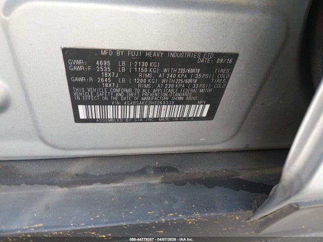 4S4BSAKC3H3269339 Subaru Outback 2.5i Limited