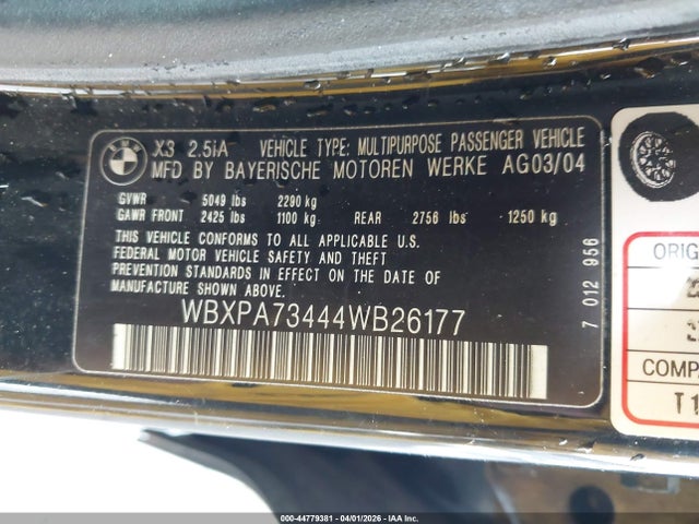 Продаж на аукціоні авто 2004 Bmw X3 2.5i, vin: WBXPA73444WB26177, номер лоту: 44779381