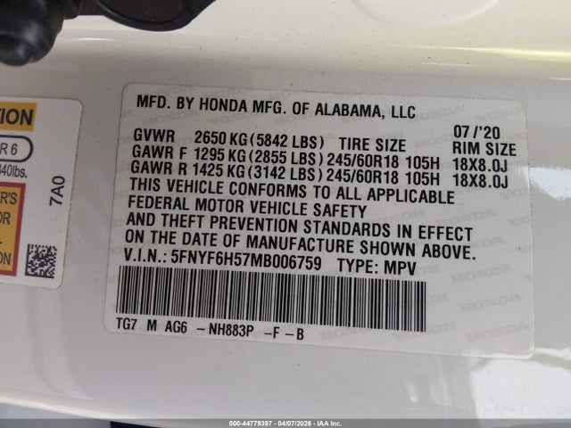 Aukcja sprzedaży 2021 Honda Pilot Awd Ex-l, vin: 5FNYF6H57MB006759, numer aukcji: 44779397