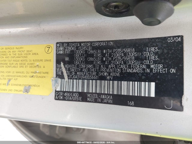 44779410 :رقم المزاد ، JTJGA31U940034441 vin ، 2004 Lexus Rx 330 مزاد بيع