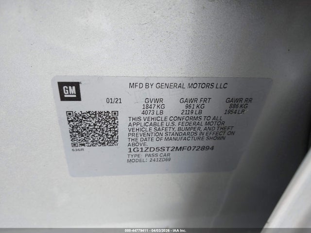 Aukcja sprzedaży 2021 Chevrolet Malibu Fwd Lt, vin: 1G1ZD5ST2MF072894, numer aukcji: 44779411
