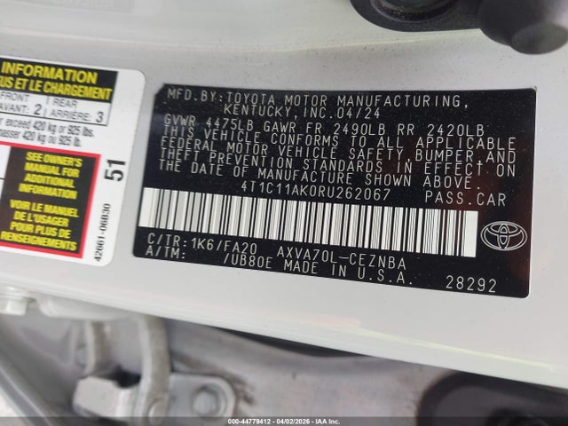 Auction sale of the 2024 Toyota Camry Le, vin: 4T1C11AK0RU262067, lot number: 44779412