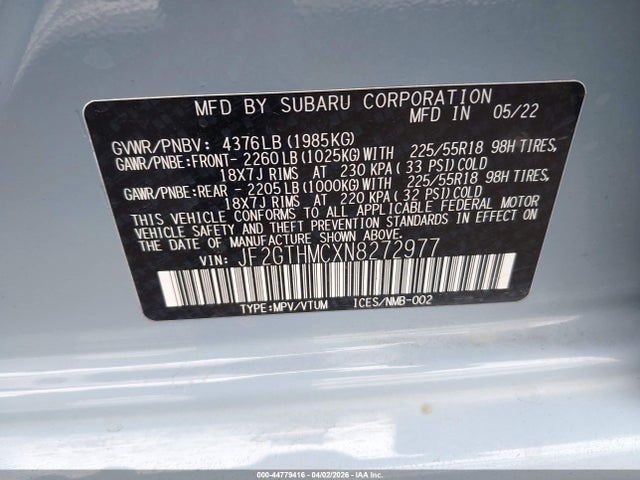 44779416 :رقم المزاد ، JF2GTHMCXN8272977 vin ، 2022 Subaru Crosstrek Limited مزاد بيع