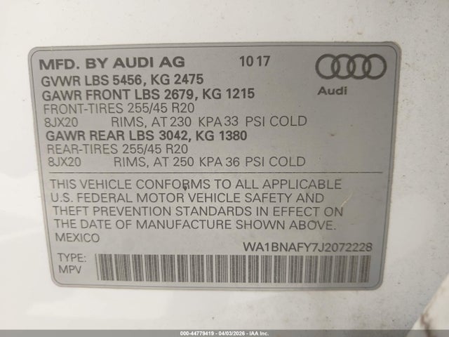 Aukcja sprzedaży 2018 Audi Q5 2.0t Premium/2.0t Tech Premium, vin: WA1BNAFY7J2072228, numer aukcji: 44779419