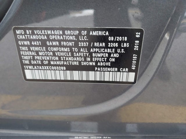 2019 Volkswagen Passat 2.0t Wolfsburg Edition მანქანა იყიდება აუქციონზე, vin: 1VWLA7A3XKC003269, აუქციონის ნომერი: 44779441