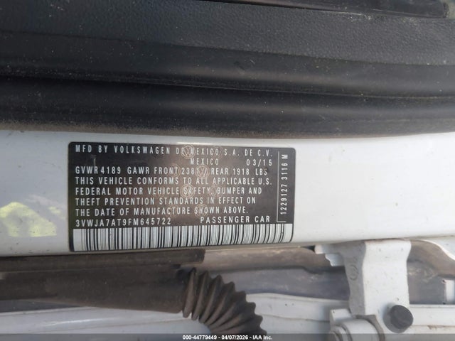 44779449 :رقم المزاد ، 3VWJA7AT9FM645722 vin ، 2015 Volkswagen Beetle 2.0l Tdi مزاد بيع