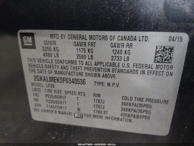 44779455 :رقم المزاد ، 2GKALMEK5F6340536 vin ، 2015 Gmc Terrain Sle-1 مزاد بيع