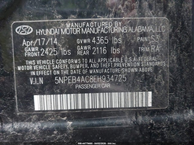 Продажа на аукционе авто 2014 Hyundai Sonata Gls, vin: 5NPEB4AC8EH934725, номер лота: 44779465