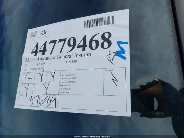 2021 Lexus Ux 200 მანქანა იყიდება აუქციონზე, vin: JTHX3JBH9M2033991, აუქციონის ნომერი: 44779468