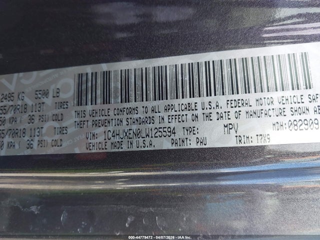 Продаж на аукціоні авто 2020 Jeep Wrangler Unlimited Sahara 4x4, vin: 1C4HJXEN0LW125594, номер лоту: 44779472