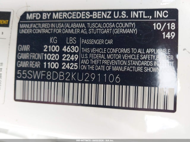 Продажа на аукционе авто 2019 Mercedes-benz C 300, vin: 55SWF8DB2KU291106, номер лота: 44779475