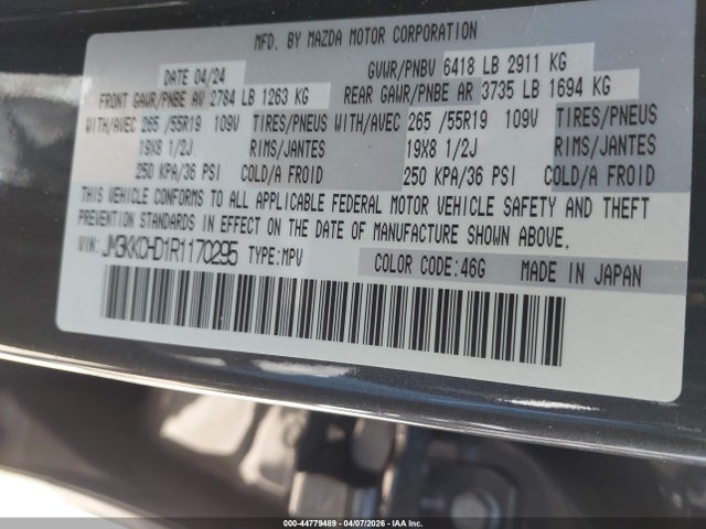 Aukcja sprzedaży 2024 Mazda Cx-90 3.3 Turbo Preferred Plus, vin: JM3KKCHD1R1170295, numer aukcji: 44779489