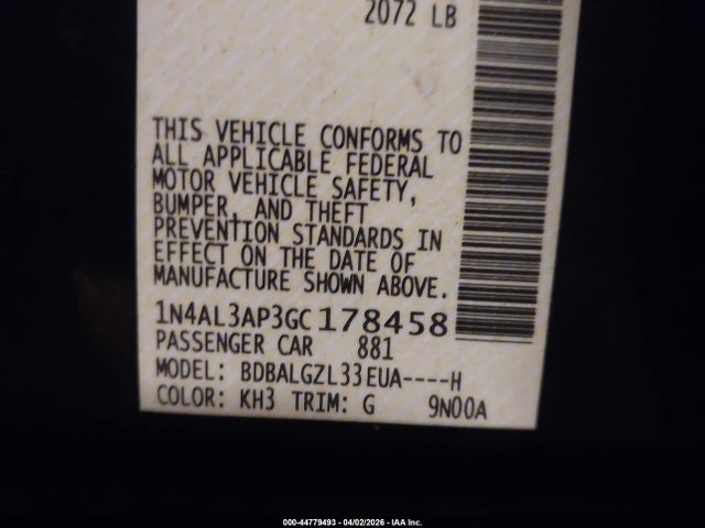 44779493 :رقم المزاد ، 1N4AL3AP3GC178458 vin ، 2016 Nissan Altima 2.5 S مزاد بيع