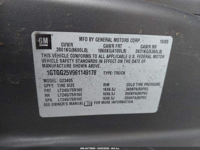 44779500 :رقم المزاد ، 1GTGG25V961149178 vin ، 2006 Gmc Savana Work Van مزاد بيع